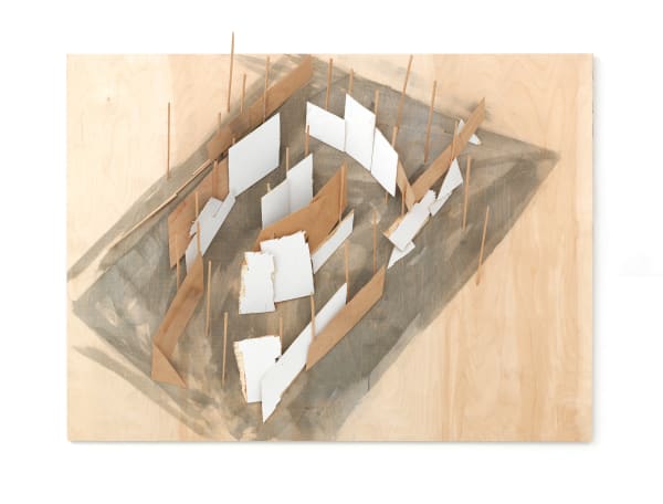 Tadashi Kawamata Plan for Demolition at Annely Juda Gallery no. 4, 2025 paint, glue, balsa wood on plywood 90 x 122 x 12.5 cm