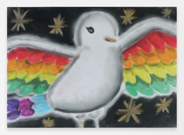Andrew Sim portrait of a white bird with rainbow wings and stars, 2025