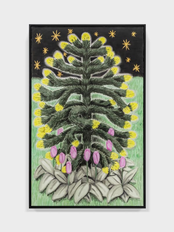 Andrew Sim Portrait of a monkey puzzle with stars and tulips, 2024