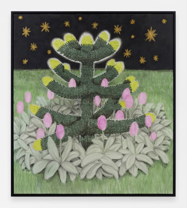 Andrew Sim Monkey puzzle with tulips and stars, 2024