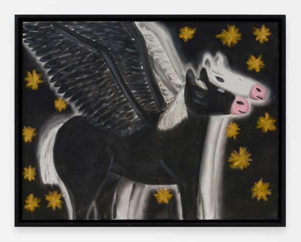 Andrew Sim Portrait of two horses with wings and stars (one black, one white), 2024