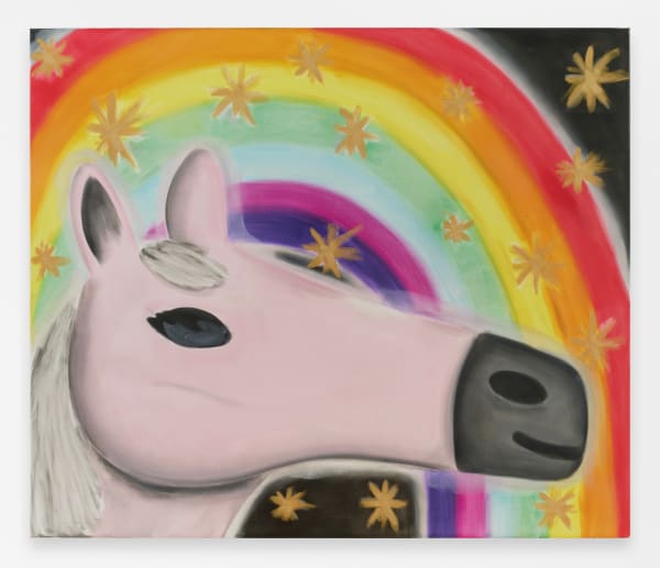 Andrew Sim portrait of a pink horse with rainbow and stars, 2025