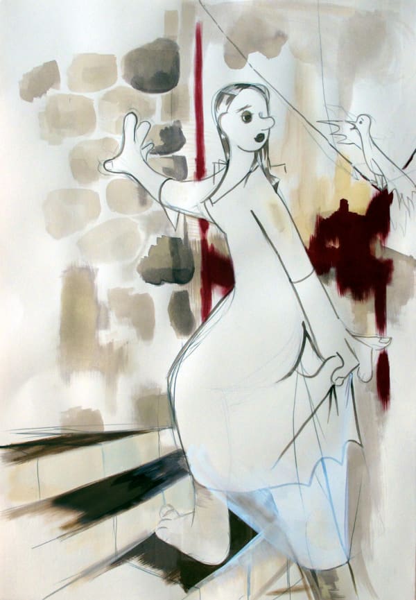 Ellen Berkenblit Woman Walking up Stairs Looking at Bird, 1999