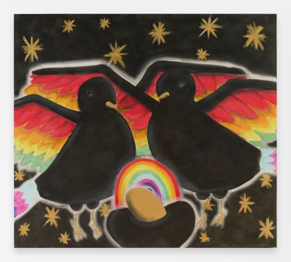 Andrew Sim, portrait of two black birds with rainbow wings and stars, 2025