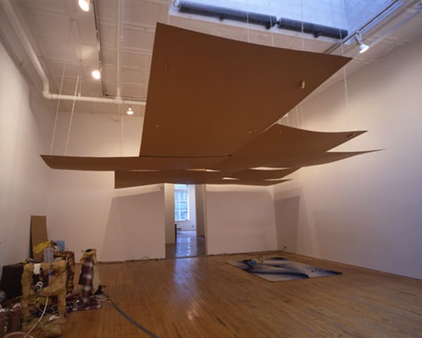 John Bock Ceiling and Cabinet (cardboard, string, razor, collage, photo), 1999
