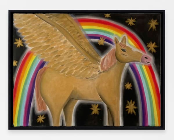 Andrew Sim, Portrait of a gold horse with wings, a rainbow and stars, 2024