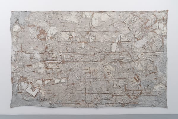 Beniamin Popescu Arche I, 2024 Plaster, bone glue, reinforcing fiber, white cement, iron filings, sawdust on jute cloth 255 x 410 cm. 100 3/8 x 161 3/8 in.