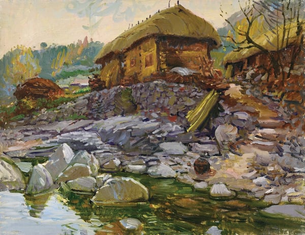 김호걸 KIM, Ho Geol, 초가집이 보이는 풍경 Landscape with a thatched cottage, 1979