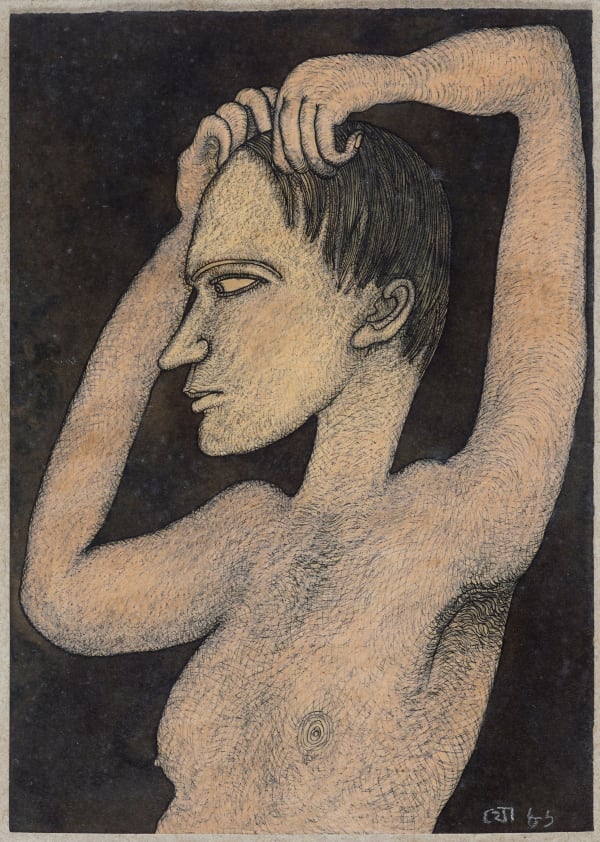 Jogen Chowdhury, Man making his Hair, 1986