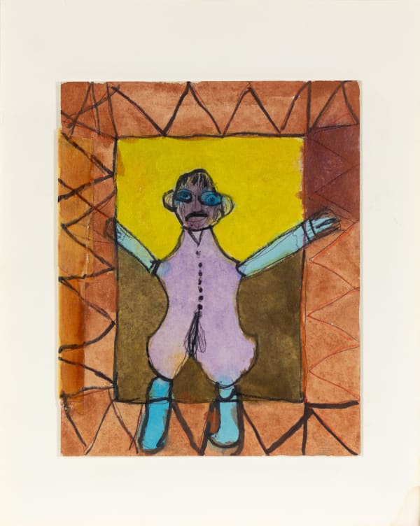 A painting of a figure in a pink outfit with blue arms.