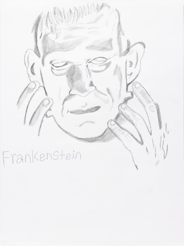 A drawing of Boris Karloff's face and hands as Frankenstein's Monster. Text below the face reads "Frankenstein"