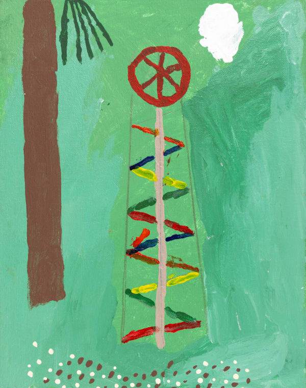 A colorful zig-zag shape goes behind a grey pole topped by a red wheel. The background is green, and there appears to be a tree trunk to the left with just a few fronds of leaves visible against the lighter green background.