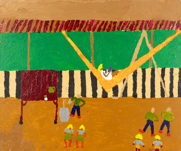 Several figures are grouped together on the ground, above them is a figure resting in a hammock.