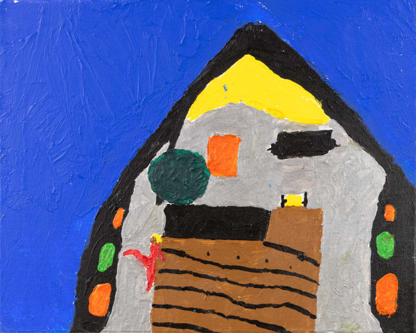 A birds-eye view of the prow of a boat. Blue water is seen around the shape of the boat, where a figure in red seems to be leaning.