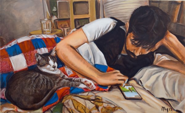 Ron Crouch, Texting Man with Cat, 2017