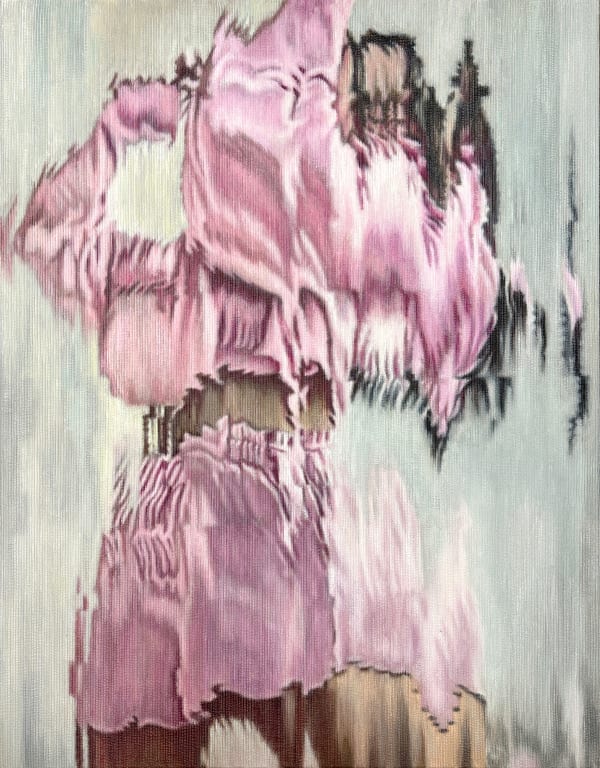 Jens Hesse Motion in pink, short jogging suit, 2024 Oil & gesso on corduroy 135 x 115 cm 53.15 x 45.28 in