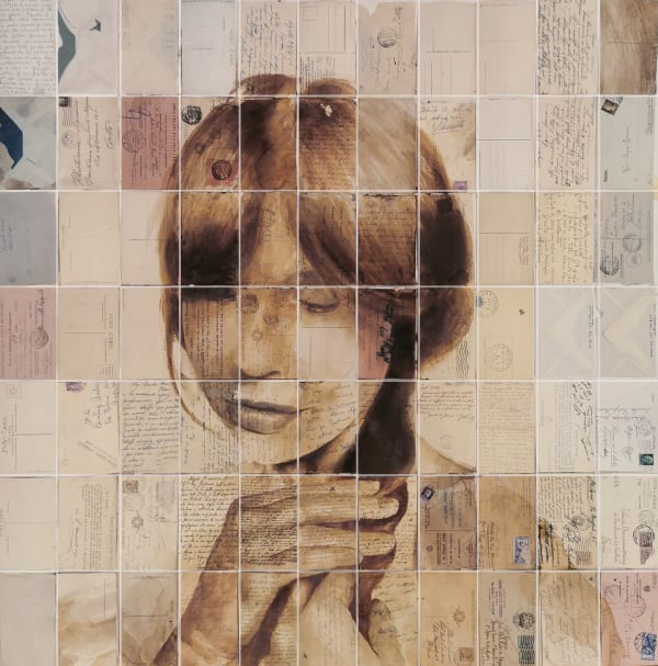 Fabio Imperiale I quarantanove passi - Residenza 15 (Marche), 2022 Coffee and bitumen on old postcards on board 96 x 95,5 cm 37.8 x 37.4 in