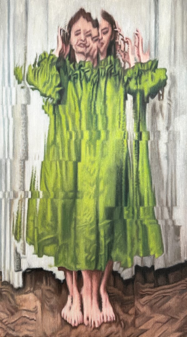 Jens Hesse Woman in green dress, 2025 Oil & gesso on corduroy 180 x 100 cm 70.87 x 39.37 in