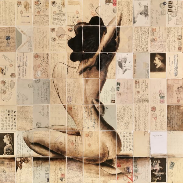 Fabio Imperiale E poi ho rimesso i fiori al loro posto - Residenza 10 (Molise), 2021 Coffee and bitumen on old postcards on board 99 x 97 cm 38.98 x 37.8 in