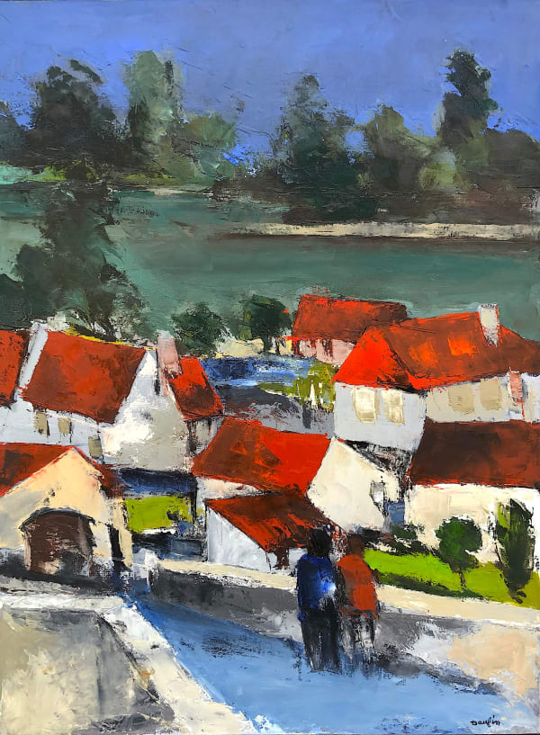 daufin, bord, oise, peinture, bleu, vert, maisons, couple, expressionisme, expressioniste, peintre français, jacques daufin, art thema, art, thema, galerie d'art, fine art fair, bruxelles, arles, décoration intérieure, paysage, matière