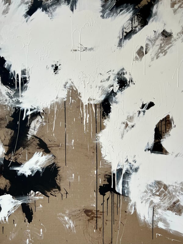 Untamed Light, abstract gestural painting by Mathis Duhem featuring bold white and black strokes on raw canvas with dripping textures
