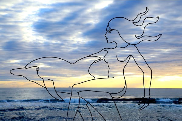 sculpture, minimalism sculpture, steel sculpture, steel art, Charles serruya, dolphin, mythology, art, beach, cabane bambou, ramatuelle, saint tropez, steel, sculpture, poetic, romantic, mythology, sunset, art thema, heyi