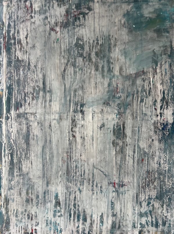 Winter Veil, abstract textured painting by Mathis Duhem with vertical scraped layers, muted blue-grey tones and a soft atmospheric veil