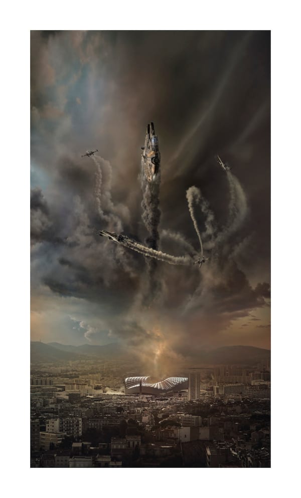 Star Wars, Escape, Vélodrome de Marseille, tirage limité, cadeau de Noël original, photo artistique, fan art Star Wars, scène épique, vaisseaux spatiaux, nuage dramatique, guerre intergalactique, création visuelle, décoration murale, art contemporain, univers Star Wars, Laurent Pons, galerie d’art, édition limitée, photographie de collection, idée cadeau Noël, Marseille