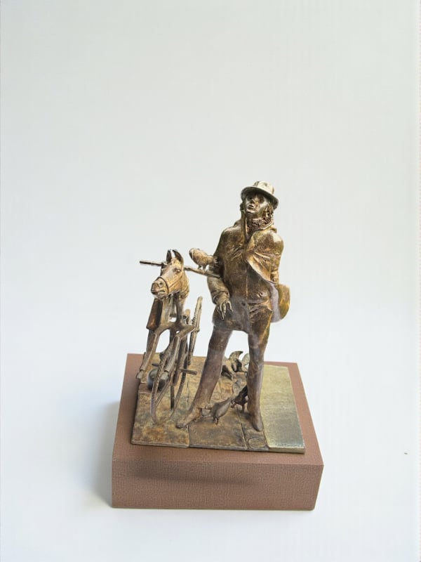 bronze sculpture, Passé Présent, René Julien, Belgian artist, man next to his bicycle, bicycle with horse head, figurative bronze, contemporary art, fine art piece, narrative sculpture, patinated bronze, art collector piece, monumental sculpture, Art Thema Gallery