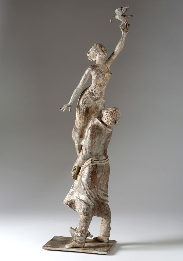 sculpture en bronze, La Migratrice, René Julien, artiste belge, bronze figuratif, femme en mouvement, sculpture réaliste, art contemporain, œuvre fine art, bronze patiné, art belge, collection d’art, sculpture monumentale, statue de femme, Art Thema Gallery