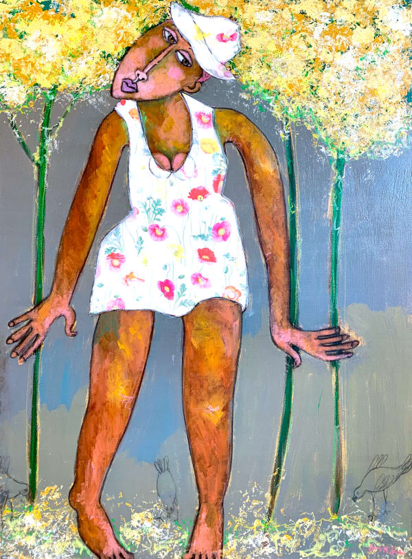 art thema, artthema, art, thema, Beautiful girl, flower, golden, acrylic painting, contemporary figurative art, simsa patricia, joyful, spring, summer, Art Thema Heyi Gallery, Brussels