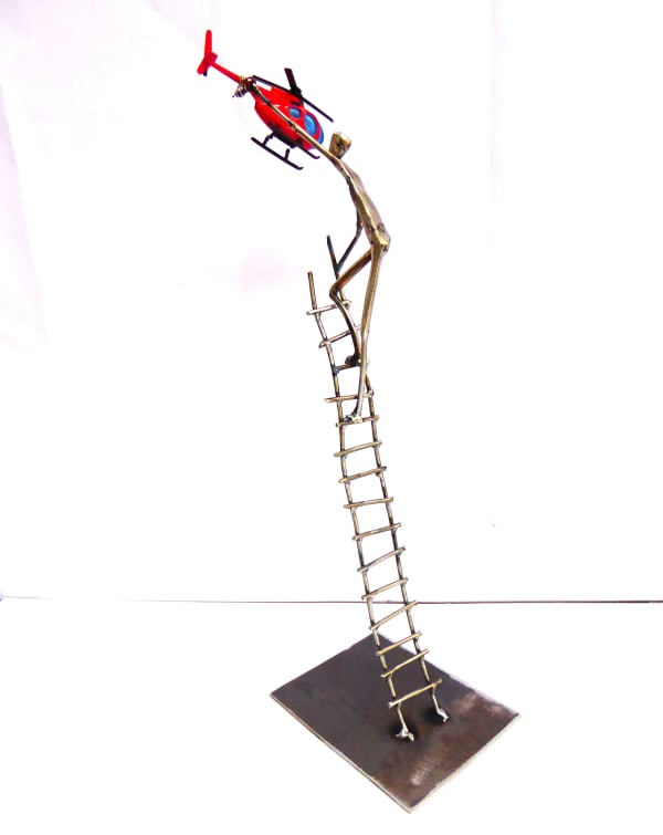 helicopter, sweet escape, ladder, steel sculpture, joy, person, figurative art, caroline brisset, contemporary art, solitude, covid-19, art thema heyi gallery, brussels