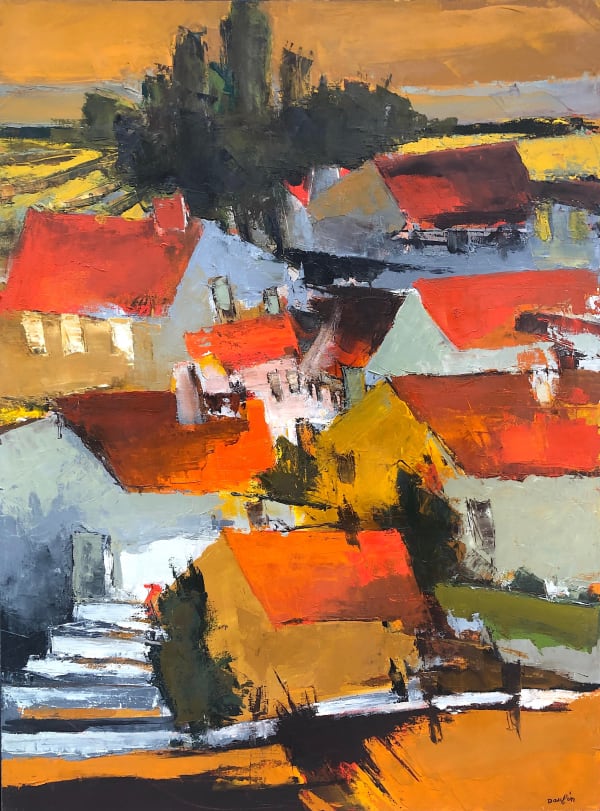 jacques, daufin, expressionnist, painting, oil, canvas, colors, red, orange, stairs, landscape, french, art thema, heyi, gallery