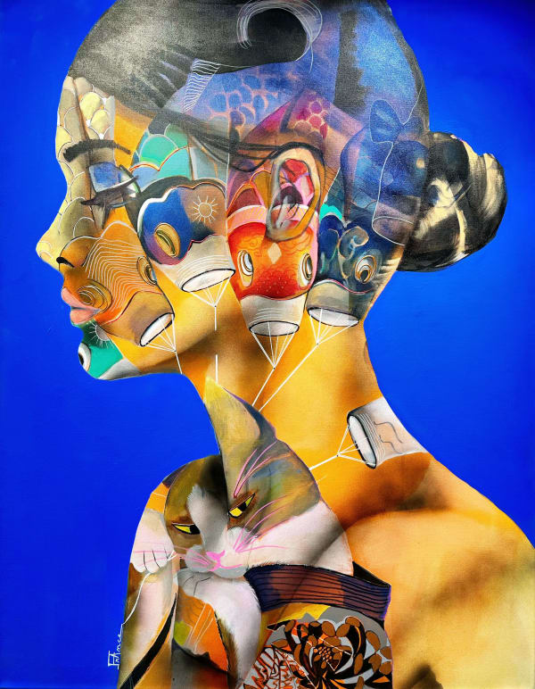 Kites (after Ono Mai's cat) blue acrylic painting france courpotin face painting of a beautiful woman with colorful fish kites and a Japanese cat of happiness in a kimono