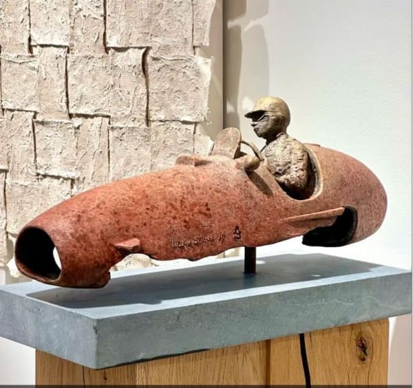 master of speed racing car sculpture of Lieven D'Haese a boy is driving a racing car contemporary sculpture bronze sculpture Art Yi Gallery Brussels art gallery
