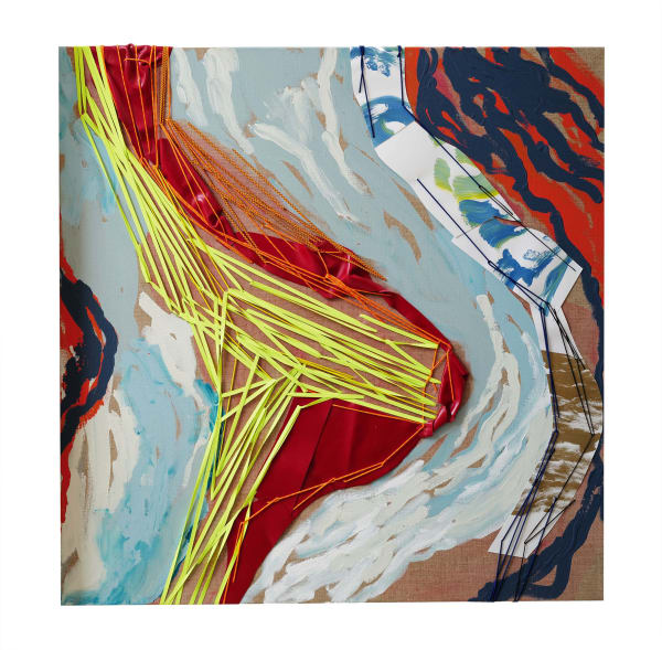 les passagers art contemporain techniques mixtes peinture abstraite bleu et jaune art abstrait maison Fabienne Decornet Galerie Art Yi Galerie d'art de Bruxelles