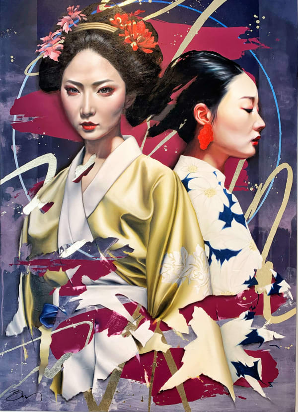 The night dream Damien Bassez beautiful japanese woman in kimono contemporary japanese painting of figuration oil painting Art Yi gallery Brussels art gallery