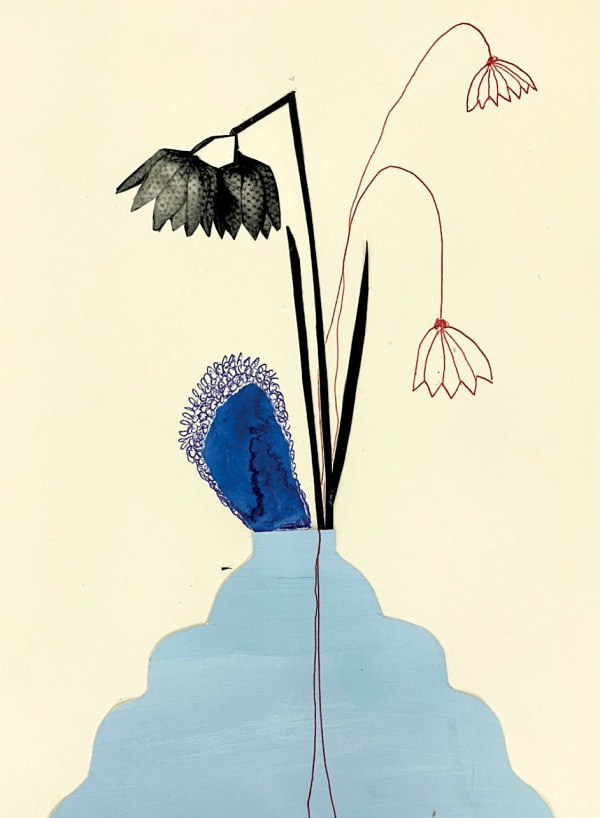 fleurs de lotus dans un vase peinture alida everts collage de fleurs dessin de fleurs artiste néerlandais design d'intérieur Galerie Art Yi Galerie d'art de Bruxelles