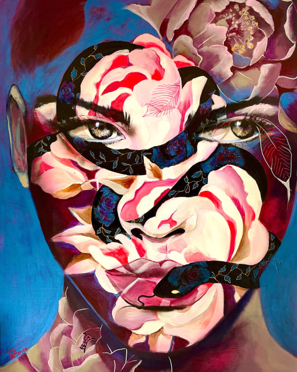 Een deel van schaduw en licht acryl schilderij japanse kunst frankrijk courpotin vrouw schminken van roze bloem en slang Art Yi brusselse kunstgalerij