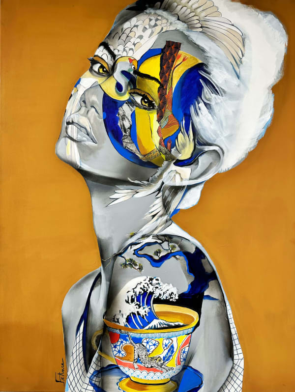 icare acryl schilderij frankrijk courpotin bruin goud schilderij van een mooi vrouwengezicht met witte vliegende kraanvogel en een winter in een kopje thee van japanse golf