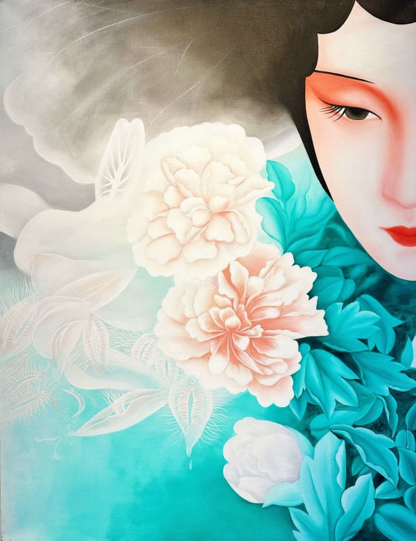 jade wang jojo peinture contemporaine chinoise fleur bleue peinture à l'huile opéra de pékin femme chinoise robe bleue sculpture art yi galerie d'art de bruxelles