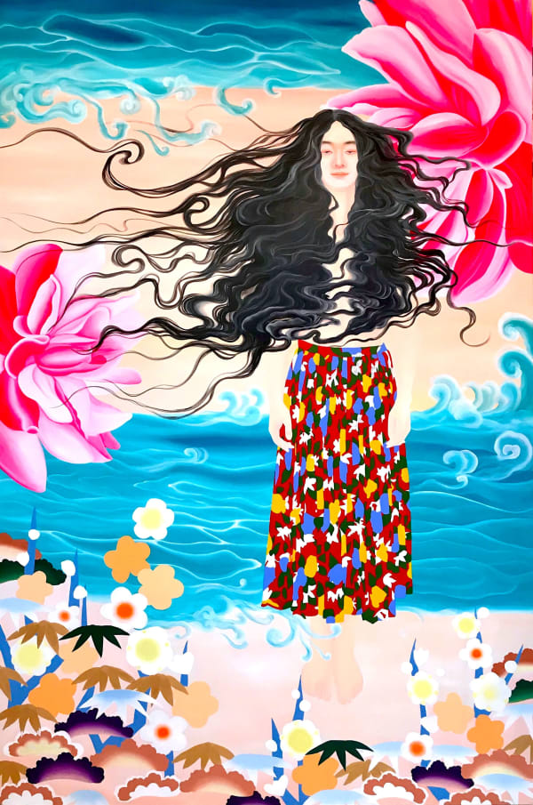pei wang jojo chinese contemporary painting colorful acrylic paint japanese myth woman man at the seaside and flower interior designer
