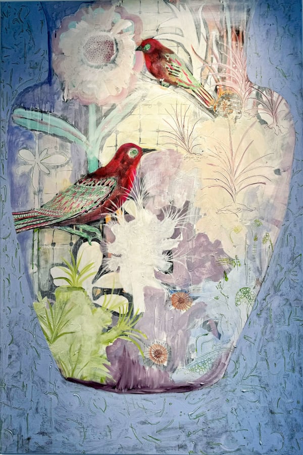 bloemen in vaas schilderij alida everts bloem schilderij nederlandse kunstenaar interieur rode vogels op de vaas met bloemen Art Yi-galerij Kunstgalerij Brussel