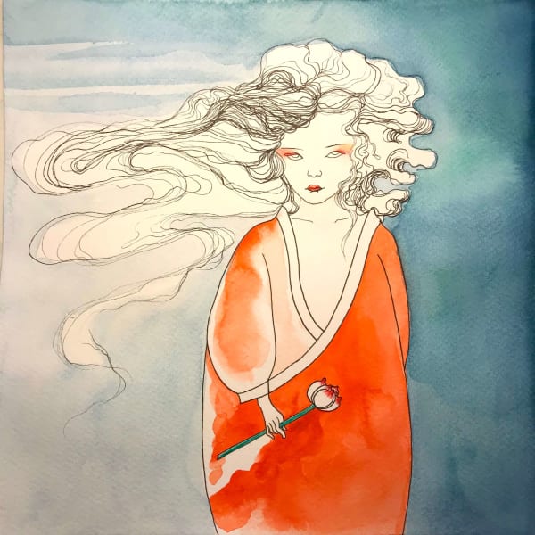 lotus de l'enfer wang jojo peinture contemporaine chinoise de fille en kinomos bleu et orange tenant un lotus en ukiyo-e et yamato-e peinture japonaise encre et aquarelle sur papier dessin intérieur art décoration galerie d'art art yi bruxelles