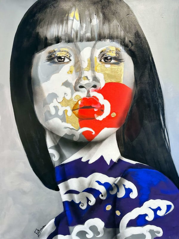 De golf van Hokusai acryl schilderij japanse kunst schilderij met bladgoud frankrijk courpotin vrouw schminken met mooie japanse vrouw in kimono kunst yi brusselse kunstgalerij