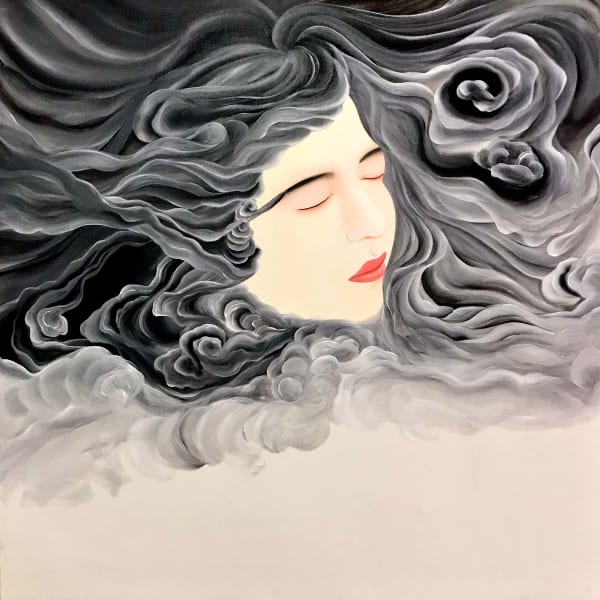 écoutez le vent wang jojo peinture contemporaine chinoise de femme en noir et blanc en ukiyo-e et yamato-e peinture japonaise encre et aquarelle sur papier dessin intérieur art décoration galerie d'art art yi bruxelles