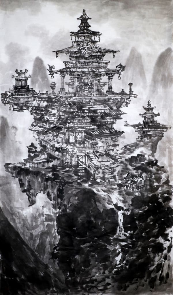 Guanghan palace, Zhang jinxian, contemporary Chinese art, eastern asian ink-and-wash painting, black-and-white, art Thema heyi gallery, Brussels