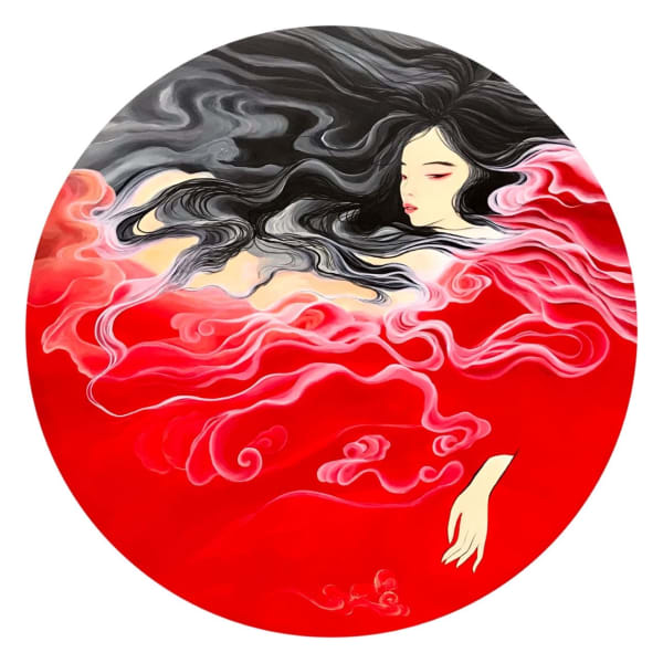 fire wang jojo chinese contemporary ukiyo-e and yamato-e painting red acrylic paint beautiful and sexy asian woman in kimono with long black hair interior designer art gallery art yi brussels