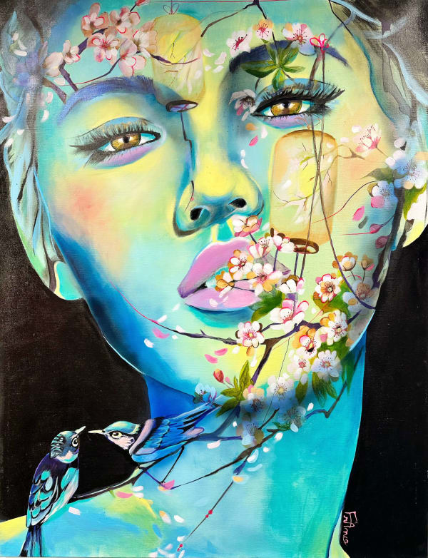 Cherry blossoms acrylic painting france courpotin painting in black of face of a beautiful woman with japanese flower painting sakura cherry blossoms a couple of bird in love