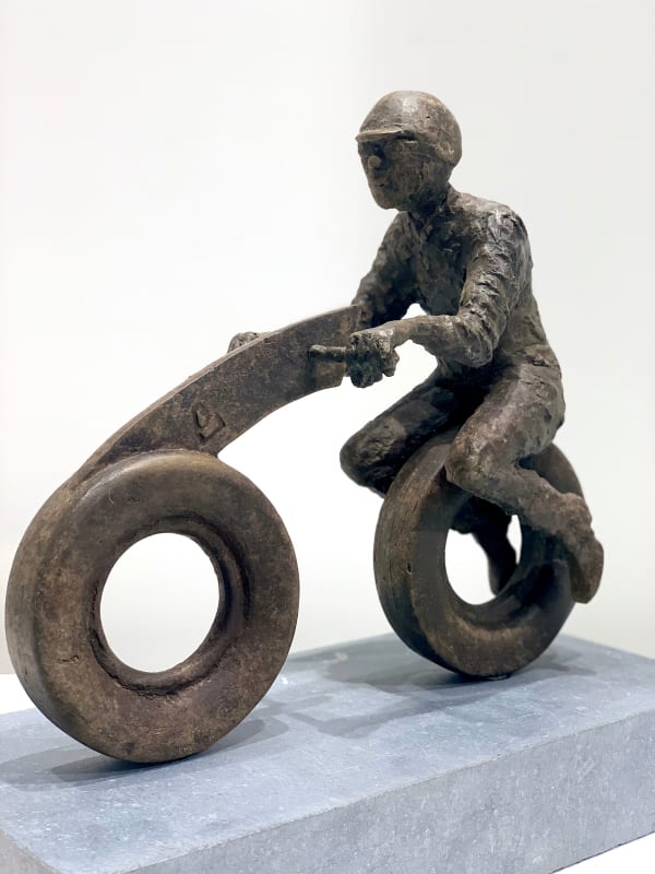sixty motorcyclist contemporary bronze sculpture of a boy riding on a motorcycle lieven d'haese sport sculpture art art yi Brussels art gallery